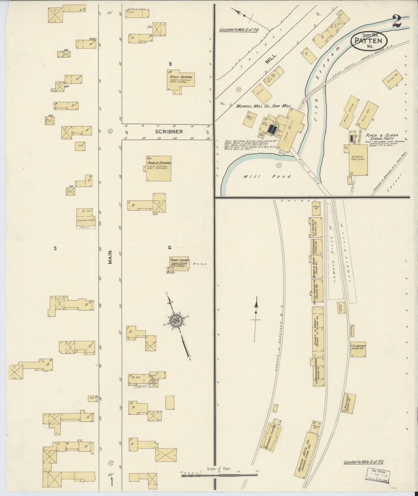 Sanborn Fire Insurance Map from Patten, Penobscot County, Maine (1912), Sheet #0002 - Historic Sanborn Fire Insurance Map Print, vintage old map wall art, antique decor, genealogy gift, Maine Maine map