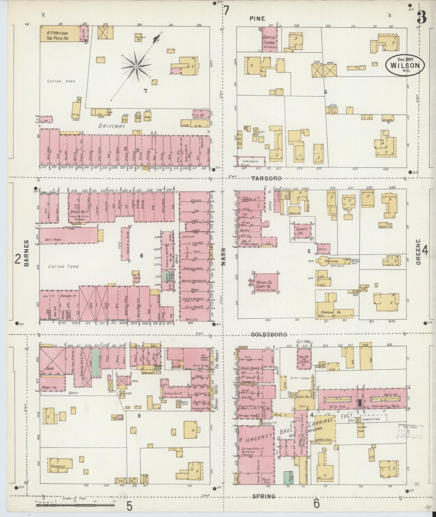 Sanborn Fire Insurance Map from Wilson, Wilson County, North Carolina (1897), Sheet #0003 - Historic Sanborn Fire Insurance Map Print, vintage old map wall art, antique decor, genealogy gift, North Carolina North Carolina map