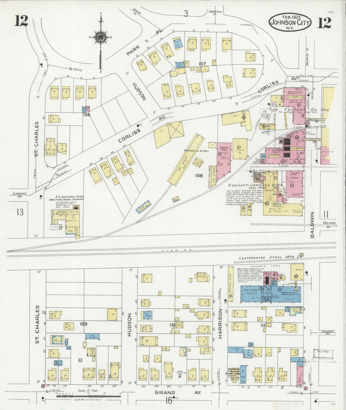 Sanborn Fire Insurance Map from Johnson City, Broome County, New York (1925), Sheet #0012 - Complete Map Set gallery image, historic Sanborn map, vintage wall art, New York New York