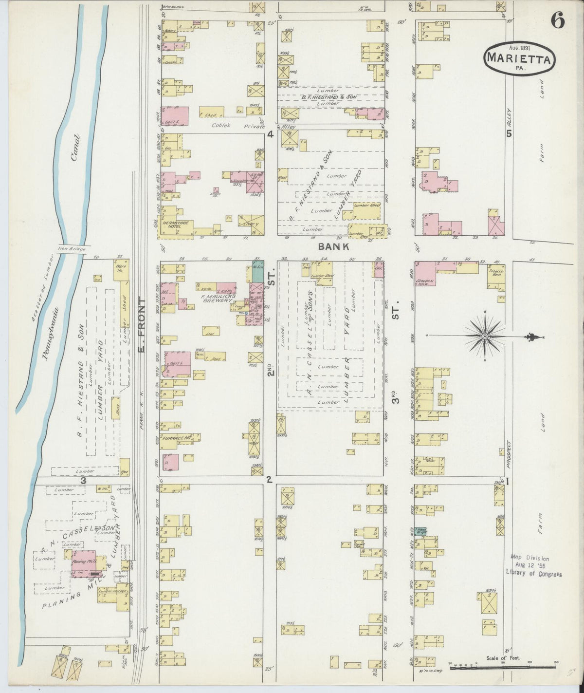 Sanborn Fire Insurance Map from Marietta, Lancaster County, Pennsylvania (1891), Sheet #0006 - Historic Sanborn Fire Insurance Map Print, vintage old map wall art, antique decor, genealogy gift, Pennsylvania Pennsylvania map