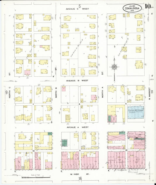 Sanborn Fire Insurance Map from Oskaloosa, Mahaska County, Iowa (1910), Sheet #0010 - Historic Sanborn Fire Insurance Map Print, vintage old map wall art