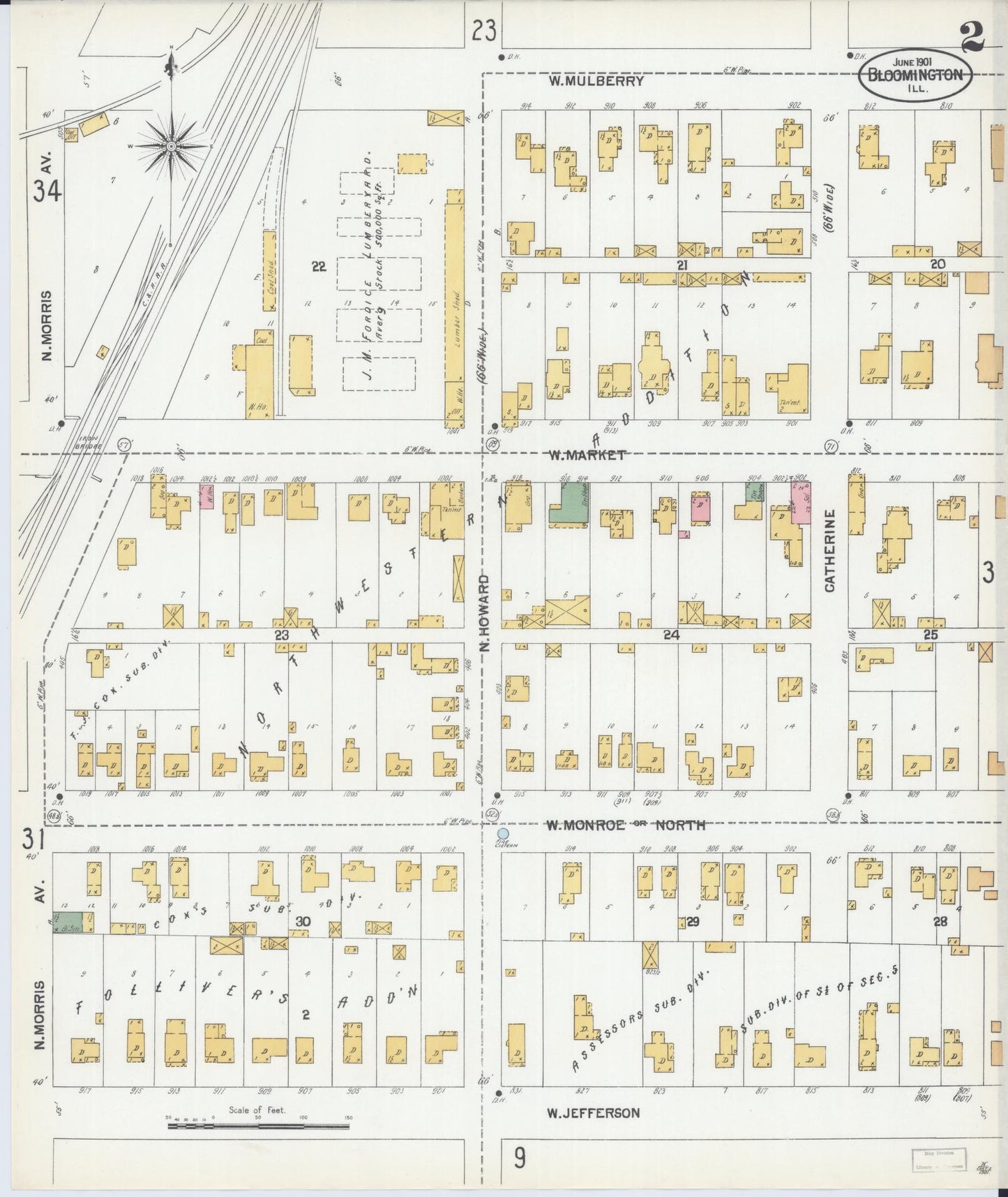 Sanborn Fire Insurance Map from Bloomington, McLean County, Illinois (1901), Sheet #0002 - Complete Map Set gallery image, historic Sanborn map, vintage wall art, Illinois Illinois