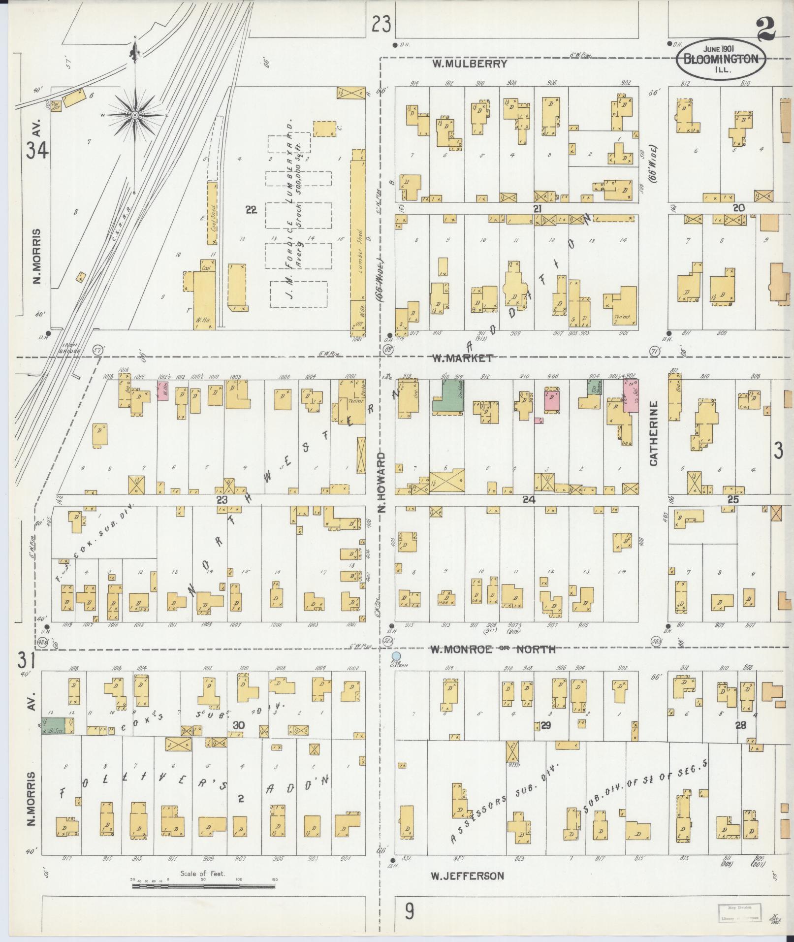 Sanborn Fire Insurance Map from Bloomington, McLean County, Illinois (1901), Sheet #0002 - Complete Map Set gallery image, historic Sanborn map, vintage wall art, Illinois Illinois