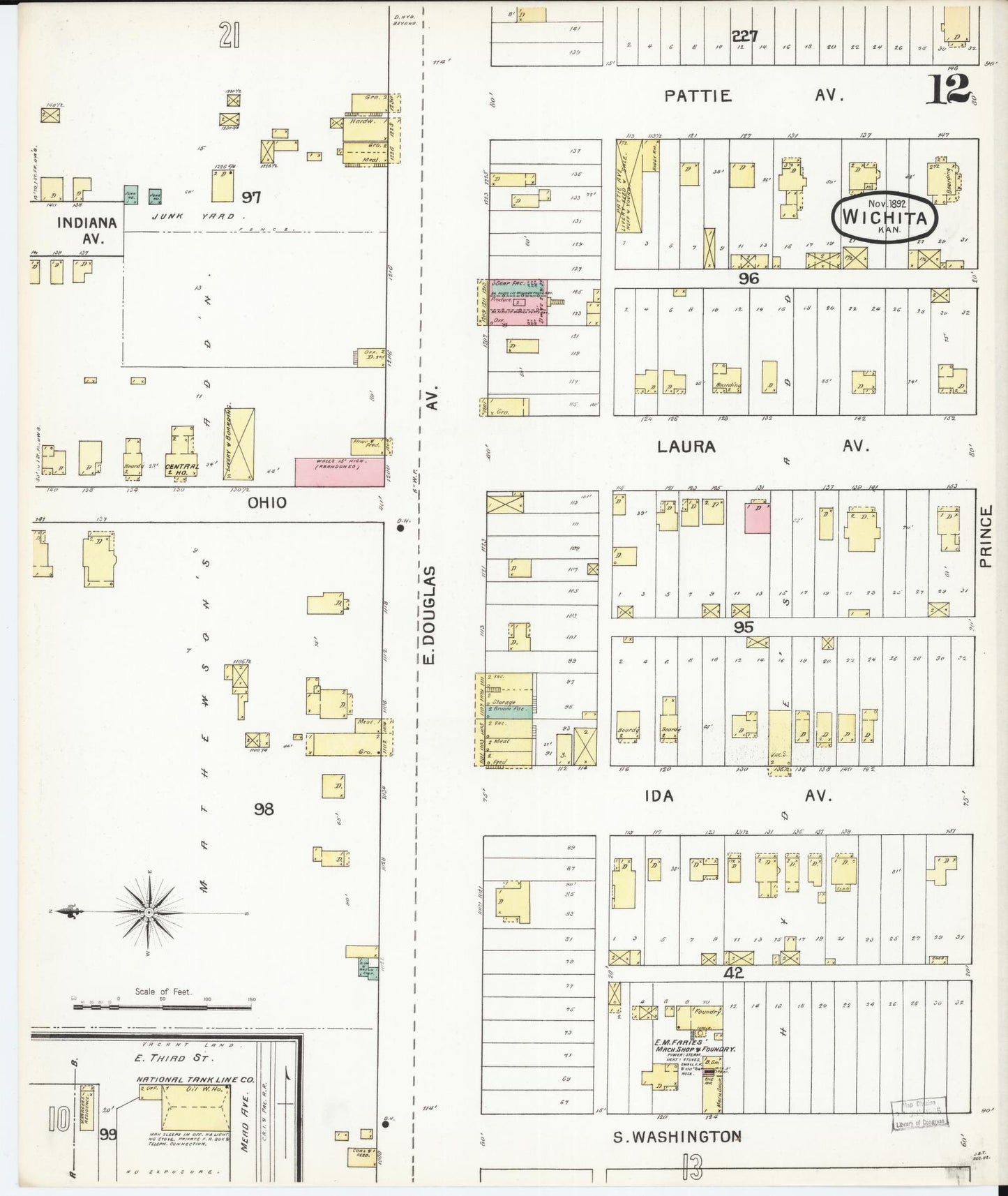Sanborn Fire Insurance Map from Wichita, Sedgwick County, Kansas (1892), Sheet #0012 - Complete Map Set gallery image, historic Sanborn map, vintage wall art, Kansas Kansas
