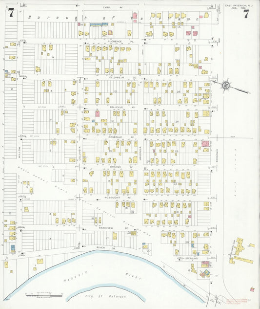 Sanborn Fire Insurance Map from East Paterson, Bergen County, New Jersey (1932), Sheet #0007 - Historic Sanborn Fire Insurance Map Print, vintage old map wall art, antique decor, genealogy gift, New Jersey New Jersey map