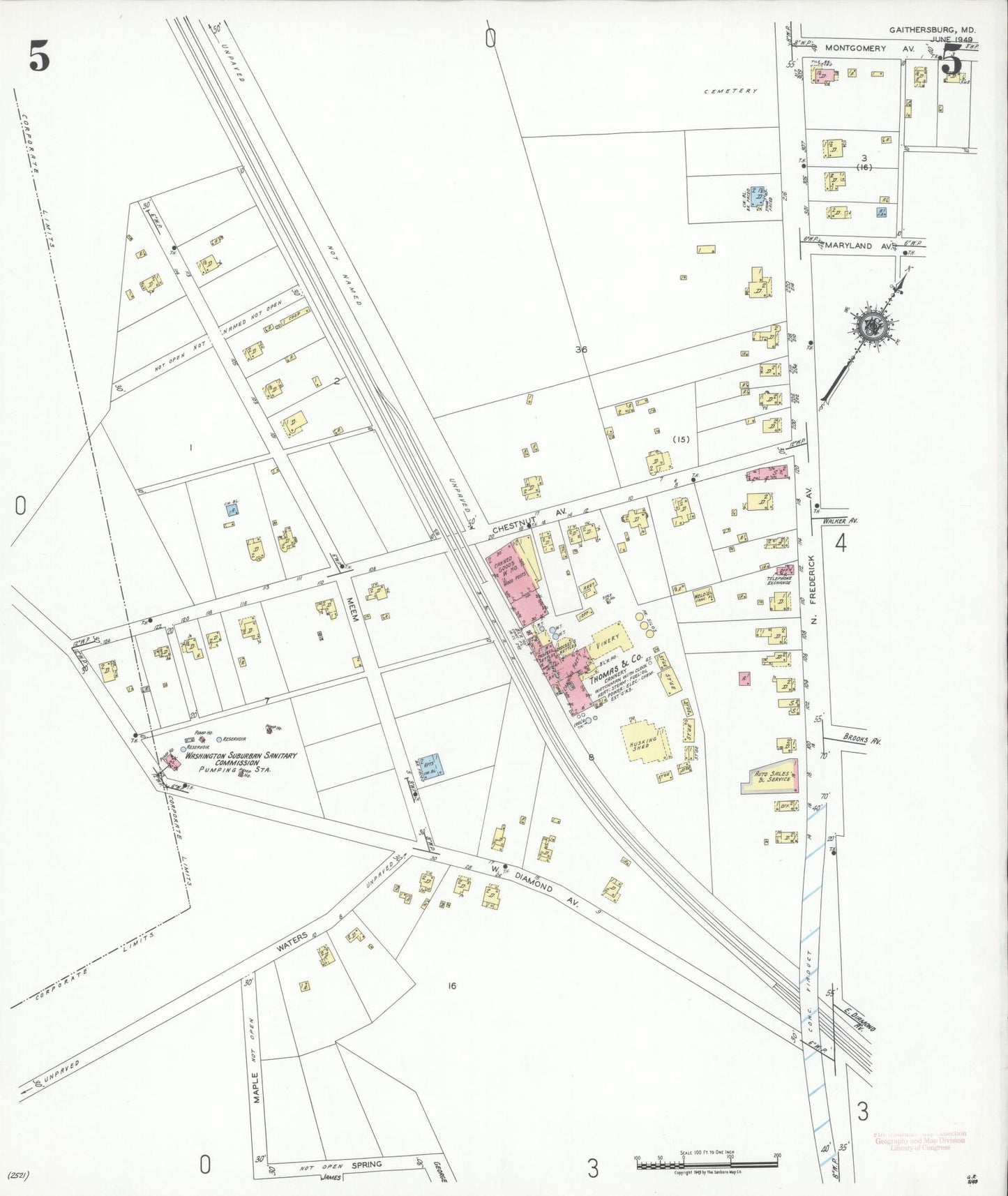 Sanborn Fire Insurance Map from Gaithersburg, Montgomery County, Maryland (1949), Sheet #0005 - Historic Sanborn Fire Insurance Map Print, vintage old map wall art, antique decor, genealogy gift, Maryland Maryland map