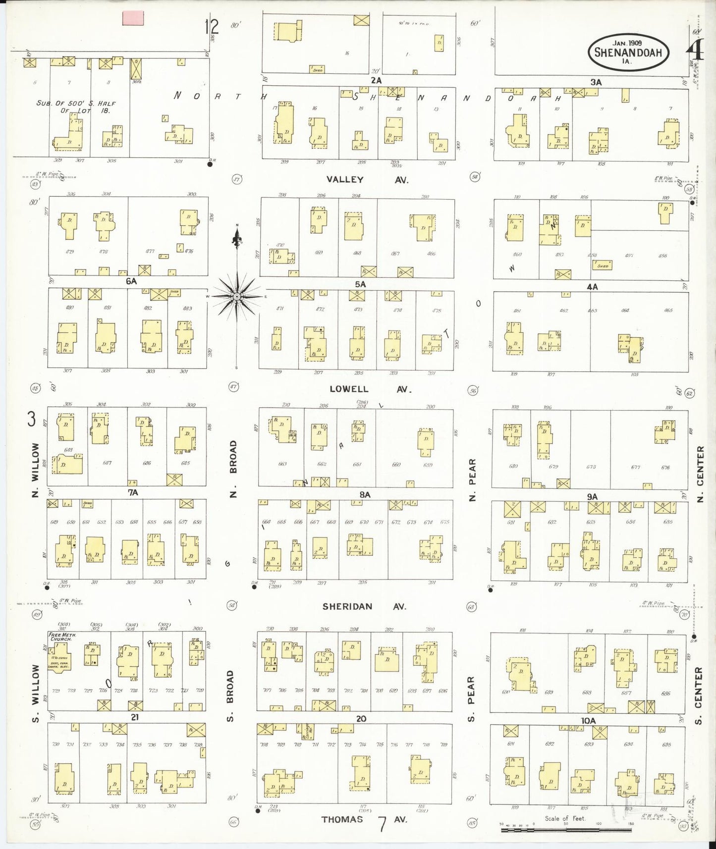 Sanborn Fire Insurance Map from Shenandoah, Page County, Iowa (1909), Sheet #0004 - Historic Sanborn Fire Insurance Map Print, vintage old map wall art