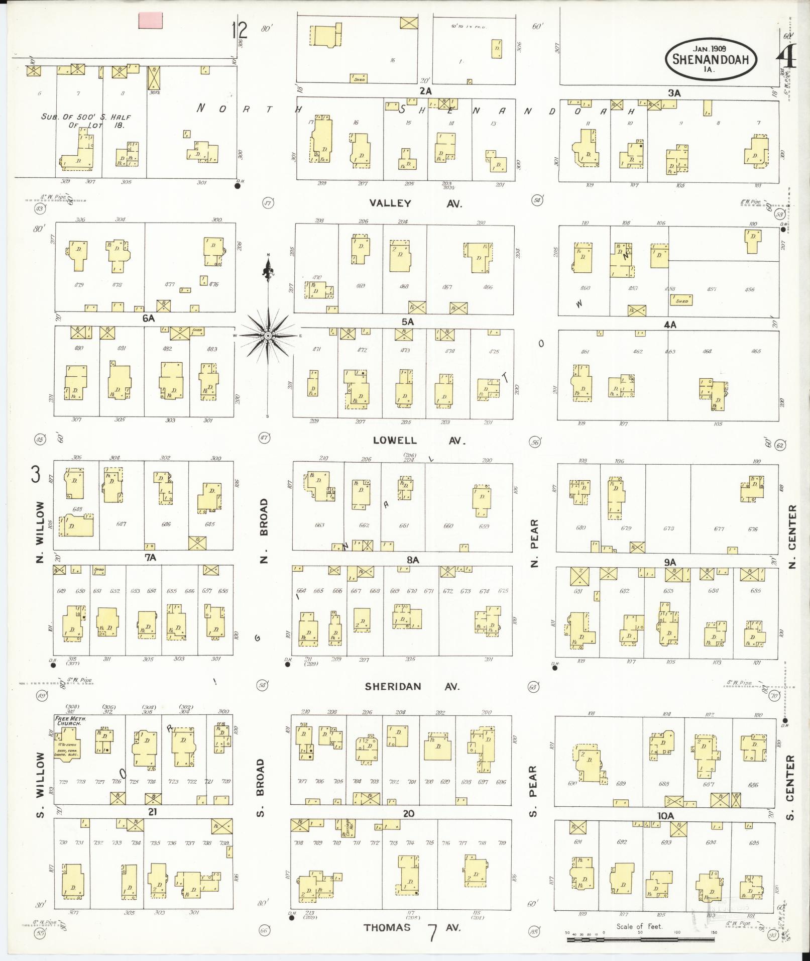 Sanborn Fire Insurance Map from Shenandoah, Page County, Iowa (1909), Sheet #0004 - Historic Sanborn Fire Insurance Map Print, vintage old map wall art