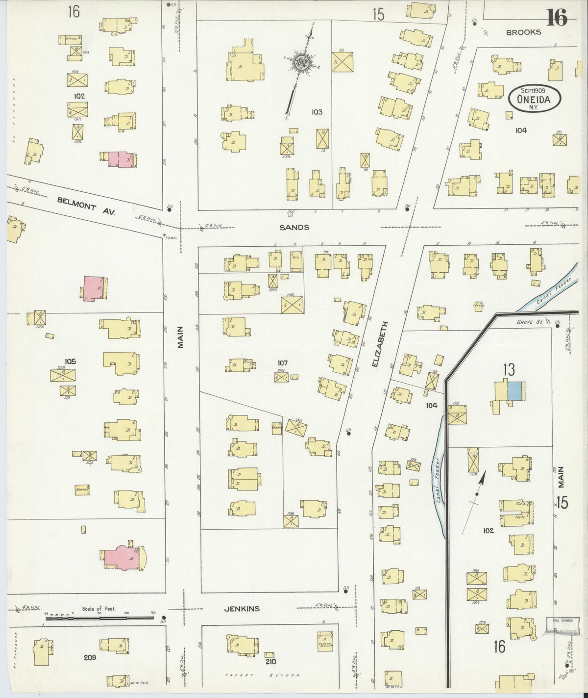 Sanborn Fire Insurance Map from Oneida, Madison County, New York (1909), Sheet #0016 - Historic Sanborn Fire Insurance Map Print, vintage old map wall art, antique decor, genealogy gift, New York New York map