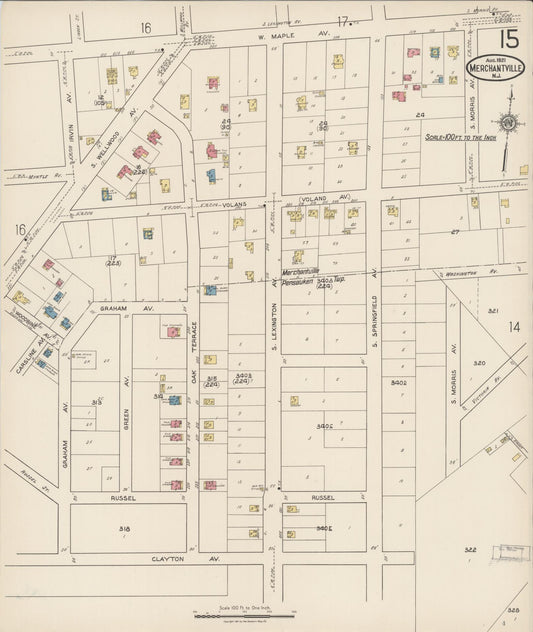 Sanborn Fire Insurance Map from Merchantville, Camden County, New Jersey (1921), Sheet #0015 - Historic Sanborn Fire Insurance Map Print, vintage old map wall art, antique decor, genealogy gift, New Jersey New Jersey map