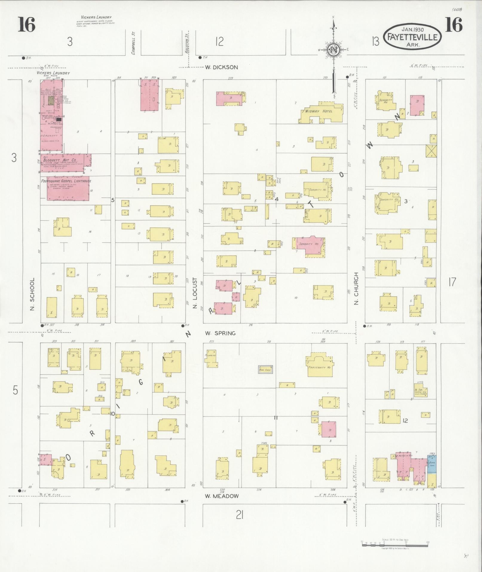 Sanborn Fire Insurance Map from Fayetteville, Washington County, Arkansas (1930), Sheet #0016 - Historic Sanborn Fire Insurance Map Print, vintage old map wall art, antique decor, genealogy gift, Arkansas Arkansas map
