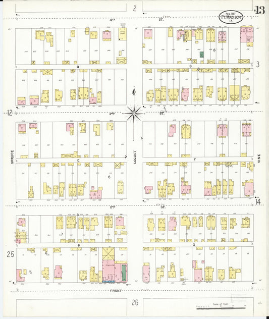 Sanborn Fire Insurance Map from Fort Madison, Lee County, Iowa (1907), Sheet #0013 - Historic Sanborn Fire Insurance Map Print, vintage old map wall art