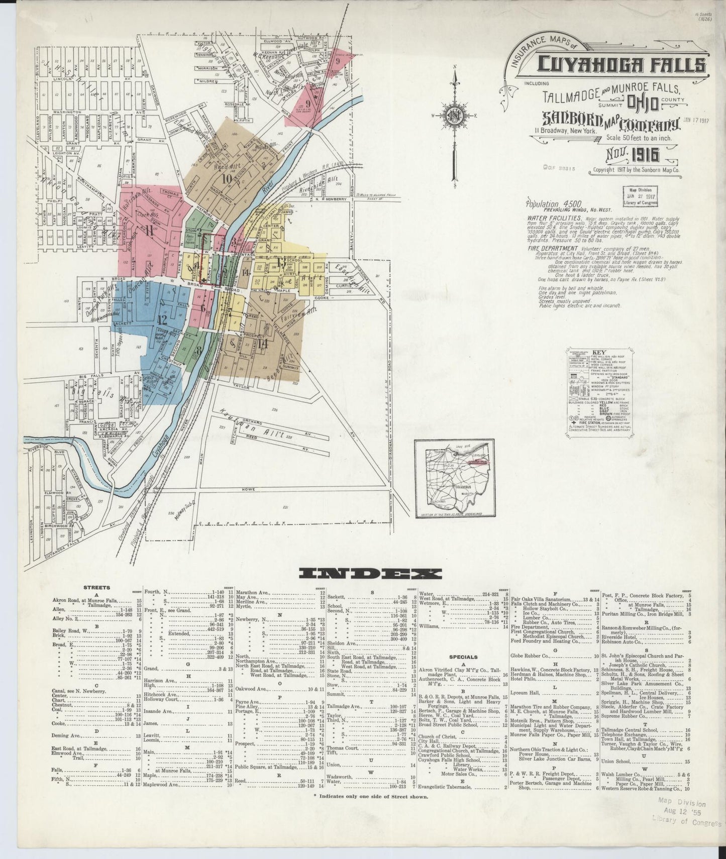 Sanborn Fire Insurance Map from Cuyahoga Falls, Summit County, Ohio (1916), Sheet #0001 - Complete Map Set gallery image, historic Sanborn map, vintage wall art, Ohio Ohio