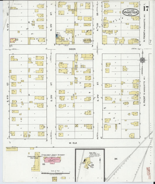 Sanborn Fire Insurance Map from Manistique, Schoolcraft County, Michigan (1920), Sheet #0017 - Historic Sanborn Fire Insurance Map Print, vintage old map wall art, antique decor, genealogy gift, Michigan Michigan map