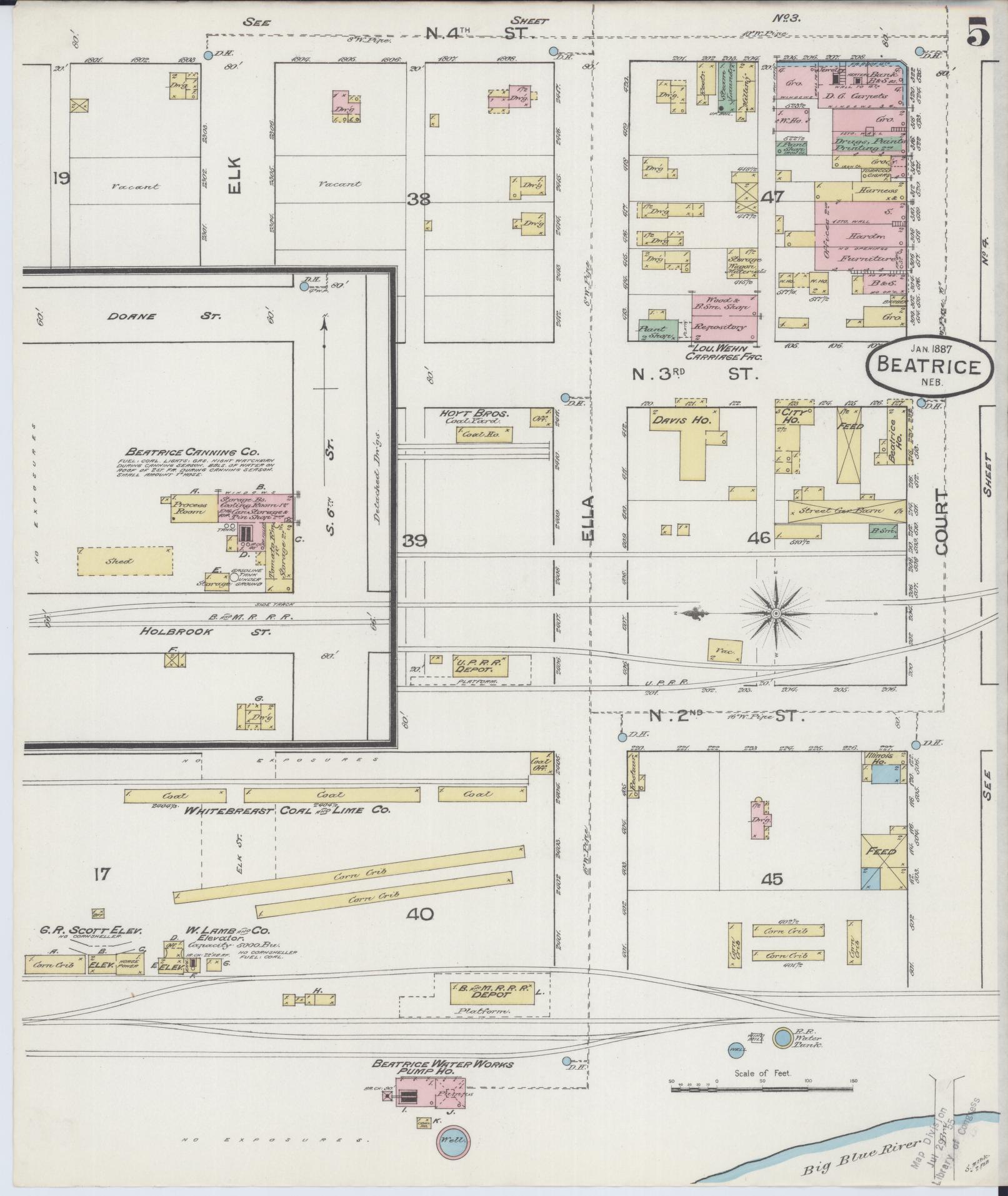 Sanborn Fire Insurance Map from Beatrice, Gage County, Nebraska (1887), Sheet #0005 - Complete Map Set gallery image, historic Sanborn map, vintage wall art, Nebraska Nebraska