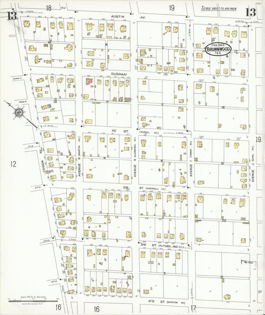 Sanborn Fire Insurance Map from Brownwood, Brown County, Texas (1923), Sheet #0013 - Historic Sanborn Fire Insurance Map Print, vintage old map wall art, antique decor, genealogy gift, Texas Texas map