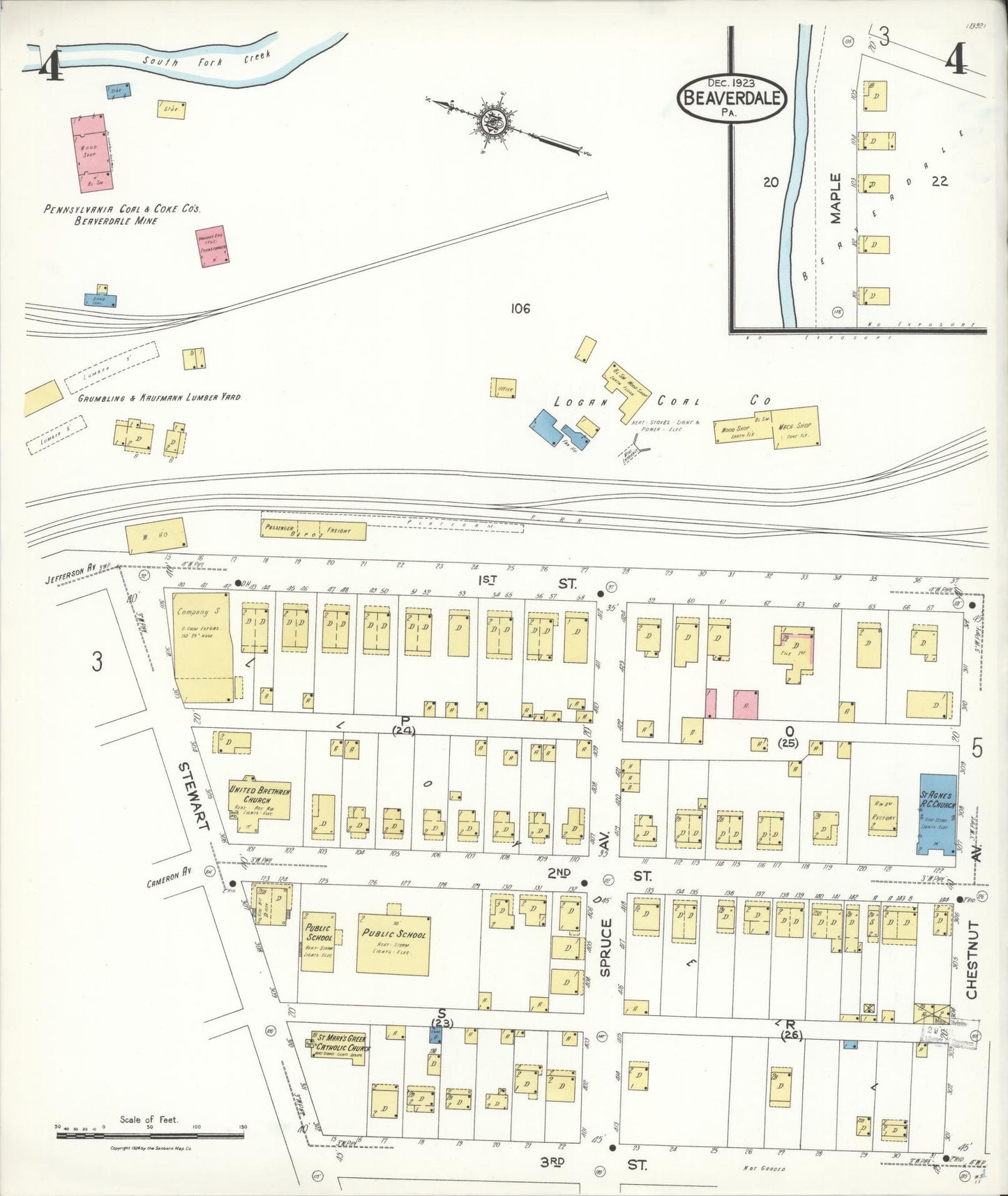 Sanborn Fire Insurance Map from Beaverdale, Cambria County, Pennsylvania (1923), Sheet #0004 - Historic Sanborn Fire Insurance Map Print, vintage old map wall art, antique decor, genealogy gift, Pennsylvania Pennsylvania map