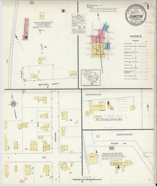 Sanborn Fire Insurance Map from Johnston, Edgefield County, South Carolina (1913), Sheet #0001 - Historic Sanborn Fire Insurance Map Print, vintage old map wall art, antique decor, genealogy gift, South Carolina South Carolina map