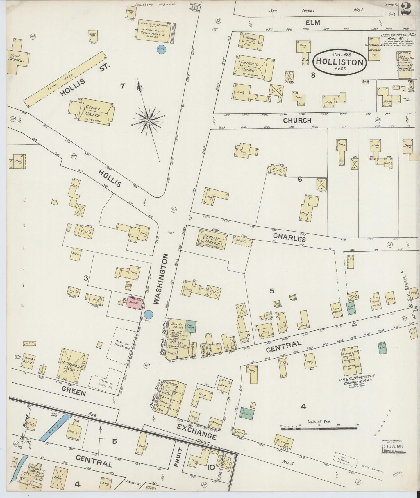 Sanborn Fire Insurance Map from Holliston, Middlesex County, Massachusetts (1888), Sheet #0002 - Historic Sanborn Fire Insurance Map Print, vintage old map wall art, antique decor, genealogy gift, Massachusetts Massachusetts map