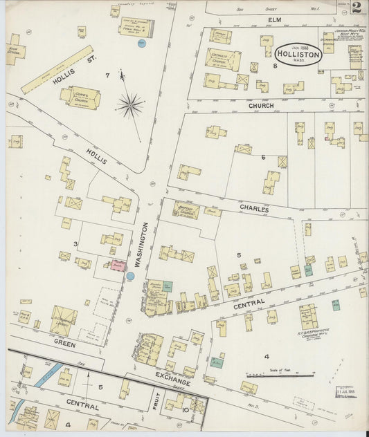 Sanborn Fire Insurance Map from Holliston, Middlesex County, Massachusetts (1888), Sheet #0002 - Historic Sanborn Fire Insurance Map Print, vintage old map wall art, antique decor, genealogy gift, Massachusetts Massachusetts map