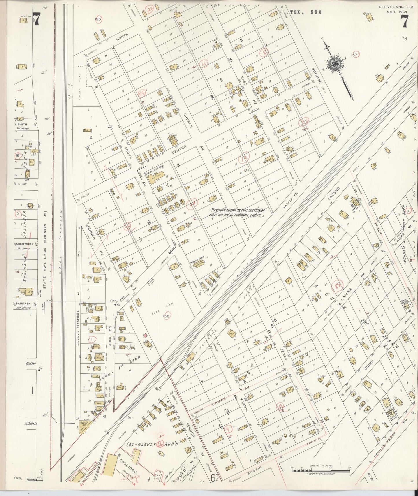 Sanborn Fire Insurance Map from Cleveland, Liberty County, Texas (1939), Sheet #0007 - Historic Sanborn Fire Insurance Map Print, vintage old map wall art, antique decor, genealogy gift, Texas Texas map