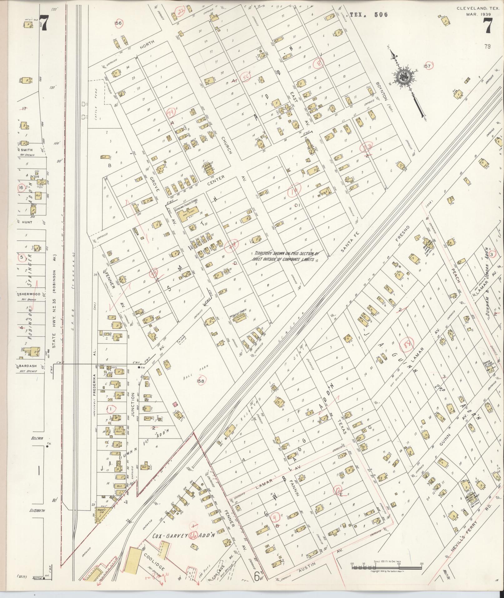 Sanborn Fire Insurance Map from Cleveland, Liberty County, Texas (1939), Sheet #0007 - Historic Sanborn Fire Insurance Map Print, vintage old map wall art, antique decor, genealogy gift, Texas Texas map
