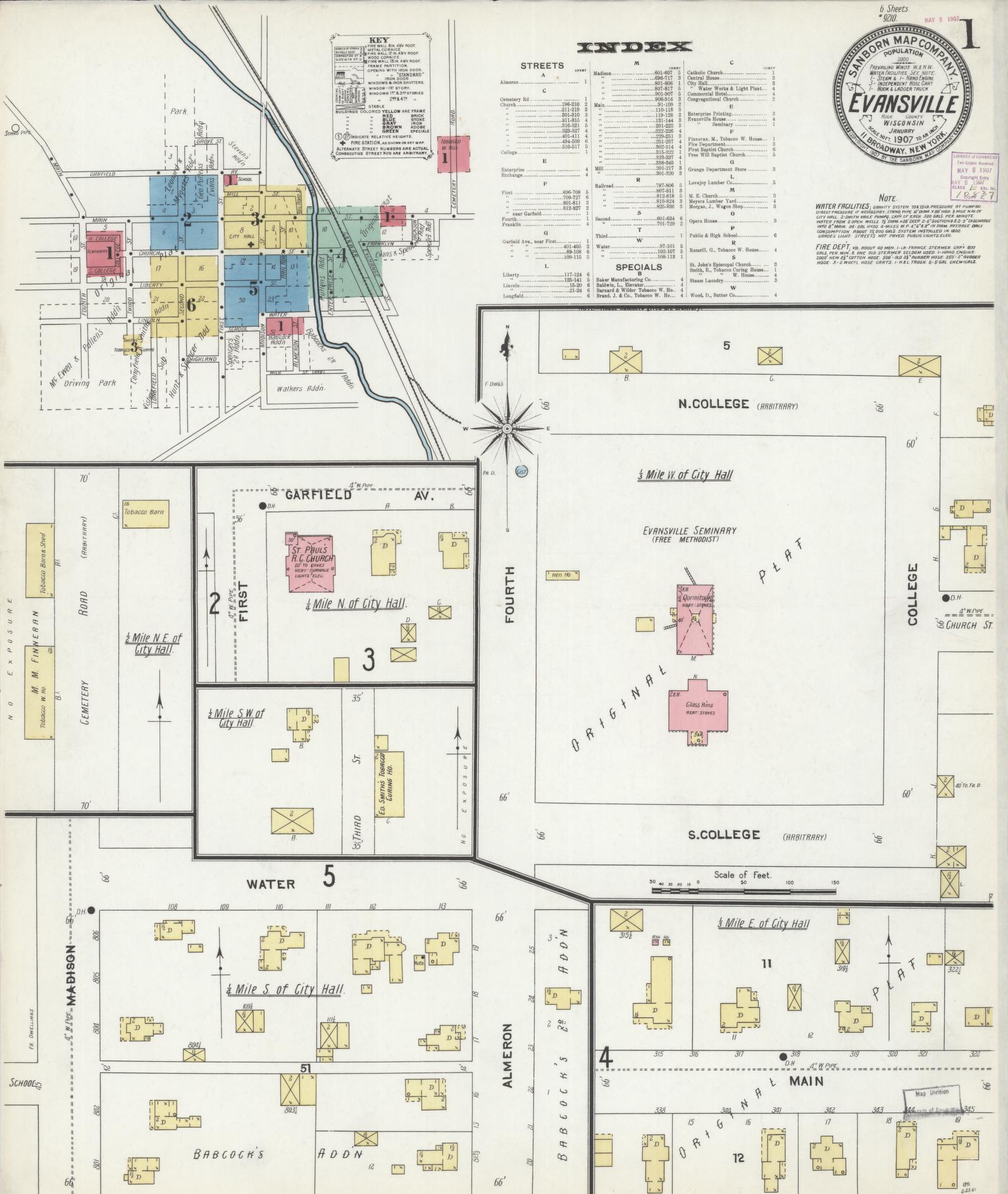 Sanborn Fire Insurance Map from Evansville, Rock County, Wisconsin (1907), Sheet #0001 - Historic Sanborn Fire Insurance Map Print, vintage old map wall art, antique decor, genealogy gift, Wisconsin Wisconsin map