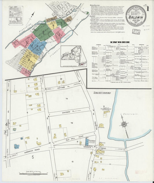Sanborn Fire Insurance Map from Baldwin, Nassau County, New York (1917), Sheet #0001 - Historic Sanborn Fire Insurance Map Print, vintage old map wall art, antique decor, genealogy gift, New York New York map