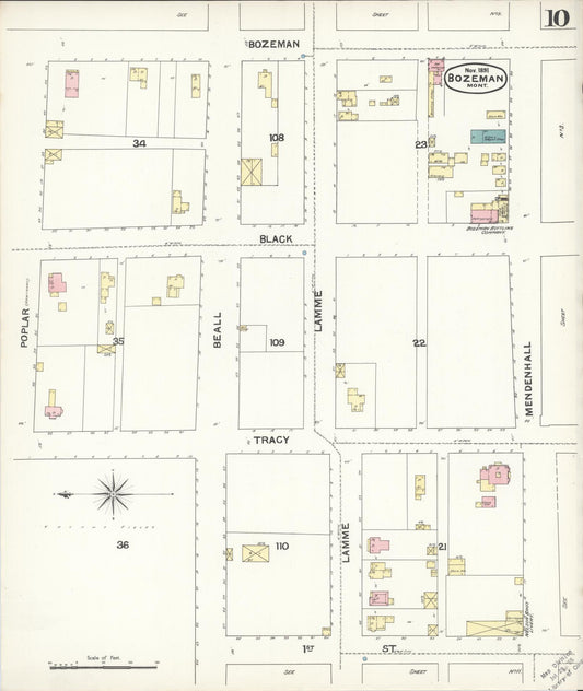Sanborn Fire Insurance Map from Bozeman, Gallatin County, Montana (1891), Sheet #0010 - Historic Sanborn Fire Insurance Map Print, vintage old map wall art, antique decor, genealogy gift, Montana Montana map
