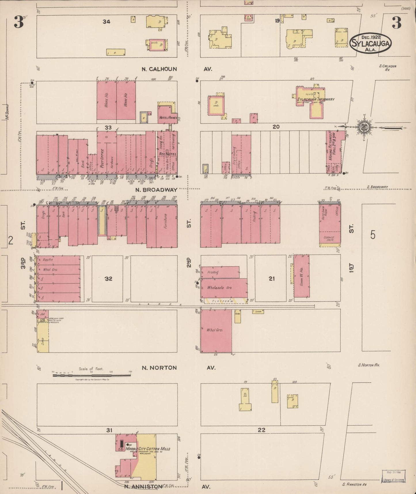 Sanborn Fire Insurance Map from Sylacauga, Talladega County, Alabama (1922), Sheet #0003 - Complete Map Set gallery image, historic Sanborn map, vintage wall art, Alabama Alabama