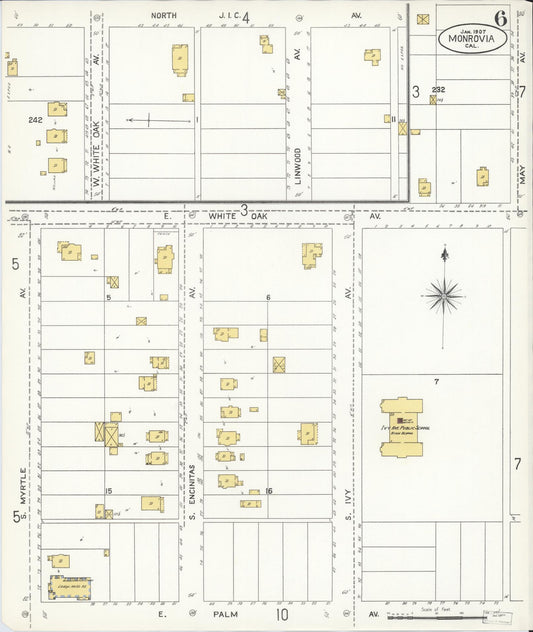 Sanborn Fire Insurance Map from Monrovia, Los Angeles County, California (1907), Sheet #0006 - Historic Sanborn Fire Insurance Map Print, vintage old map wall art, antique decor, genealogy gift, California California map