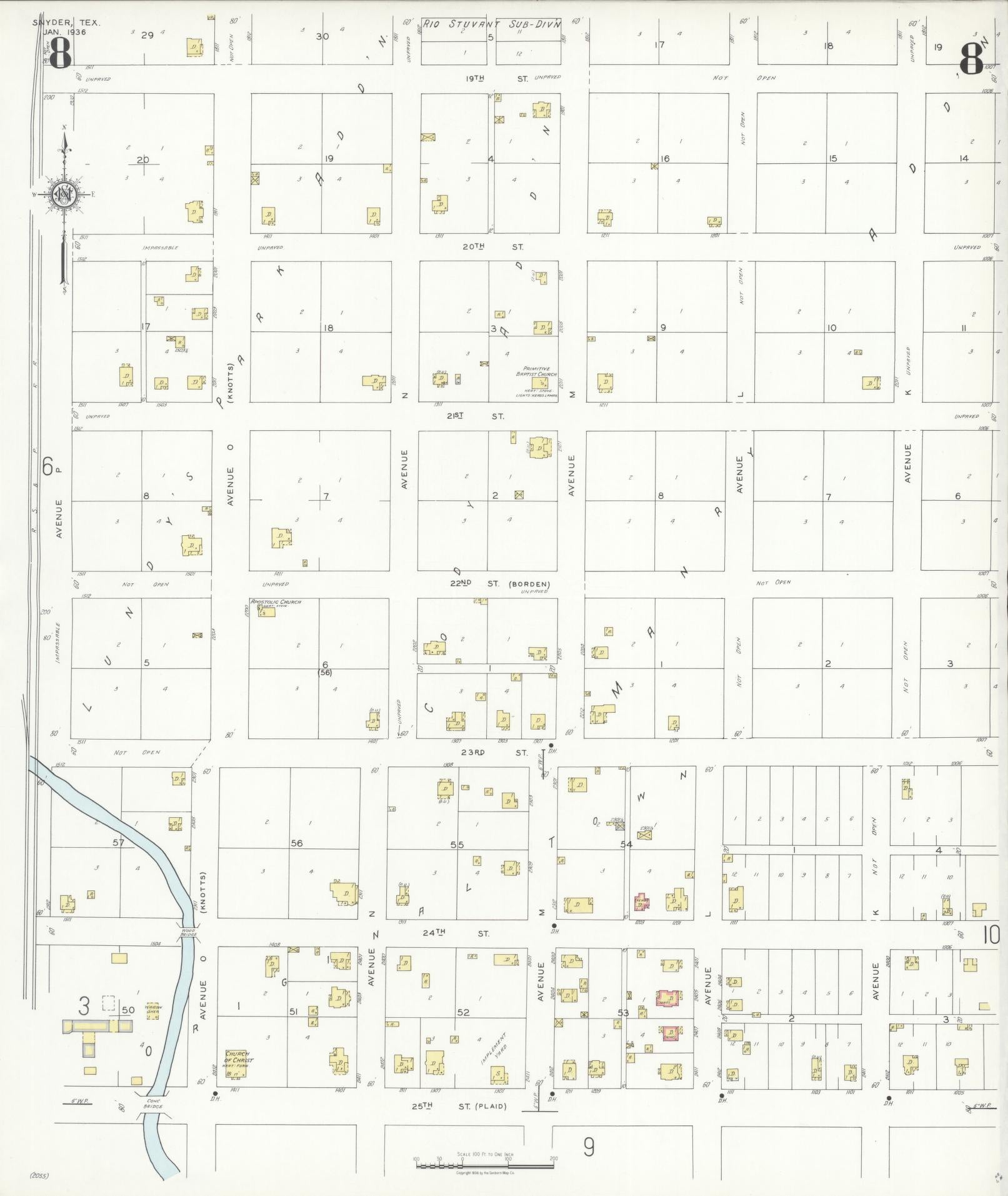 Sanborn Fire Insurance Map from Snyder, Scurry County, Texas (1936), Sheet #0008 - Historic Sanborn Fire Insurance Map Print, vintage old map wall art, antique decor, genealogy gift, Texas Texas map