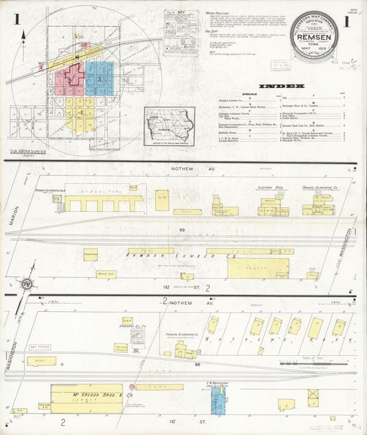 Sanborn Fire Insurance Map from Remsen, Plymouth County, Iowa (1929), Sheet #0001 - Historic Sanborn Fire Insurance Map Print, vintage old map wall art