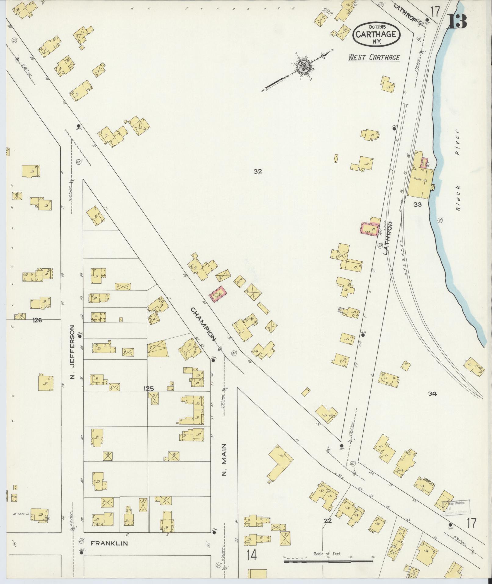 Sanborn Fire Insurance Map from Carthage, Jefferson County, New York (1915), Sheet #0013 - Historic Sanborn Fire Insurance Map Print, vintage old map wall art, antique decor, genealogy gift, New York New York map