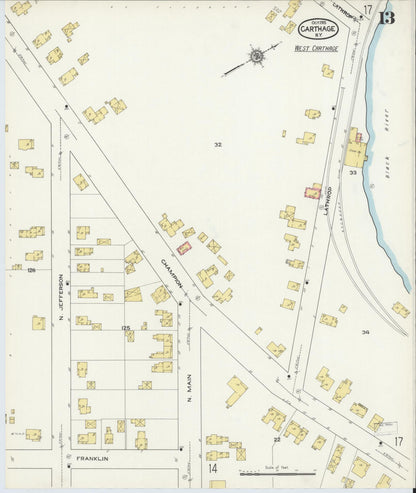 Sanborn Fire Insurance Map from Carthage, Jefferson County, New York (1915), Sheet #0013 - Historic Sanborn Fire Insurance Map Print, vintage old map wall art, antique decor, genealogy gift, New York New York map