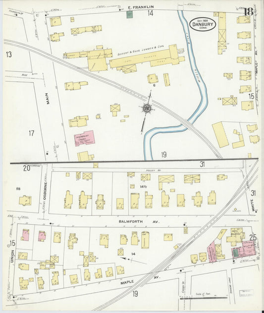 Sanborn Fire Insurance Map from Danbury, Fairfield County, Connecticut (1909), Sheet #0018 - Historic Sanborn Fire Insurance Map Print, vintage old map wall art, antique decor, genealogy gift, Connecticut Connecticut map