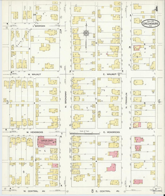 Sanborn Fire Insurance Map from Greensburg, Decatur County, Indiana (1913), Sheet #0004 - Historic Sanborn Fire Insurance Map Print, vintage old map wall art, antique decor, genealogy gift, Indiana Indiana map