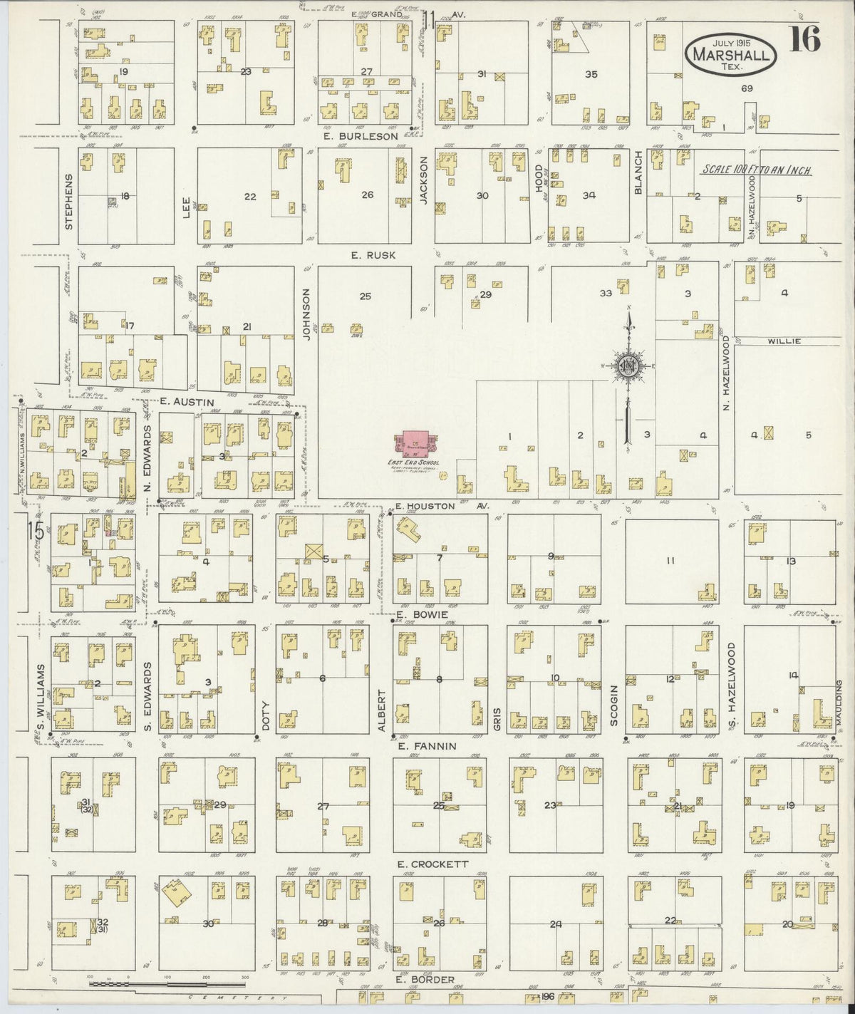 Sanborn Fire Insurance Map from Marshall, Harrison County, Texas (1915), Sheet #0016 - Complete Map Set gallery image, historic Sanborn map, vintage wall art, Texas Texas
