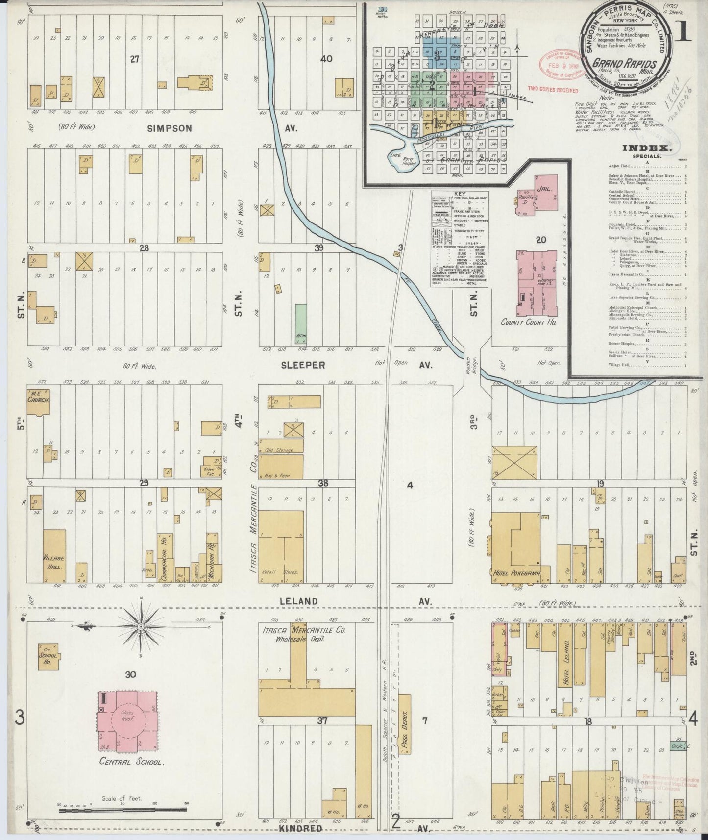 Sanborn Fire Insurance Map from Grand Rapids, Itasca County, Minnesota (1897), Sheet #0001 - Historic Sanborn Fire Insurance Map Print, vintage old map wall art, antique decor, genealogy gift, Minnesota Minnesota map