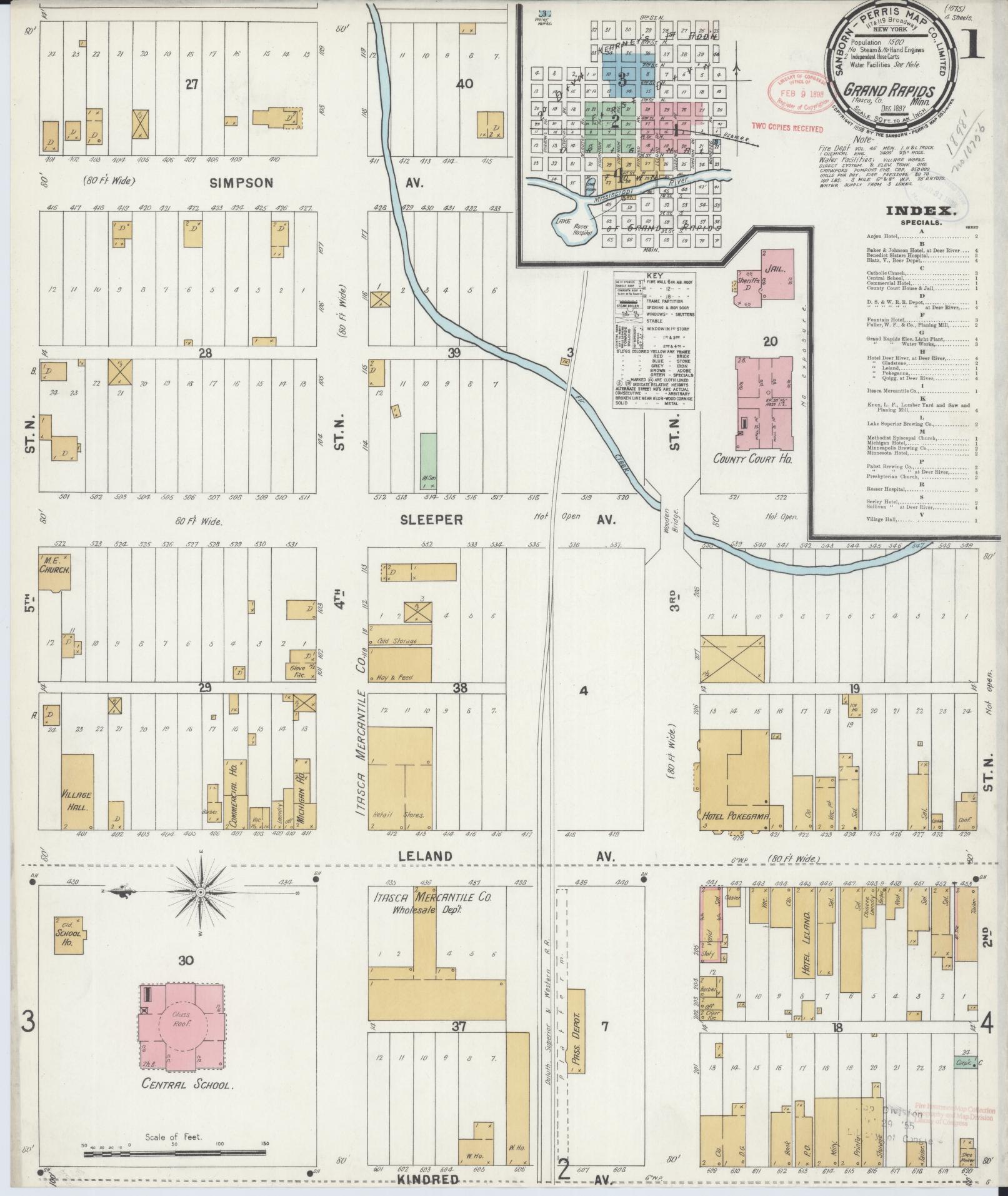 Sanborn Fire Insurance Map from Grand Rapids, Itasca County, Minnesota (1897), Sheet #0001 - Historic Sanborn Fire Insurance Map Print, vintage old map wall art, antique decor, genealogy gift, Minnesota Minnesota map