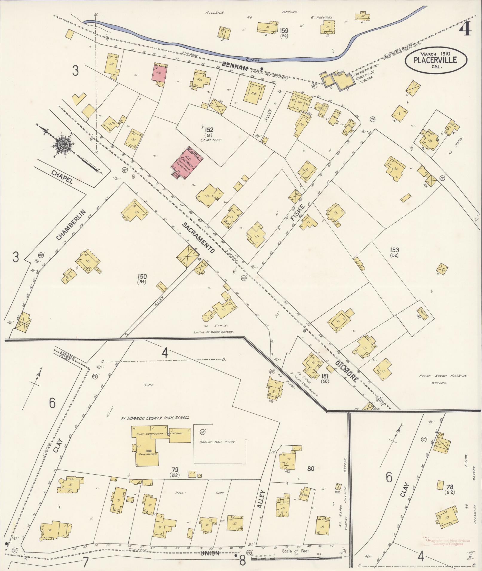 Sanborn Fire Insurance Map from Placerville, El Dorado County, California (1910), Sheet #0004 - Complete Map Set gallery image, historic Sanborn map, vintage wall art, California California