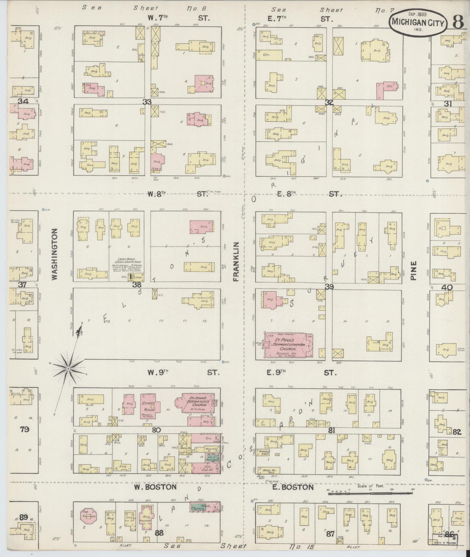 Sanborn Fire Insurance Map from Michigan City, La Porte County, Indiana (1889), Sheet #0008 - Complete Map Set gallery image, historic Sanborn map, vintage wall art, Michigan Michigan