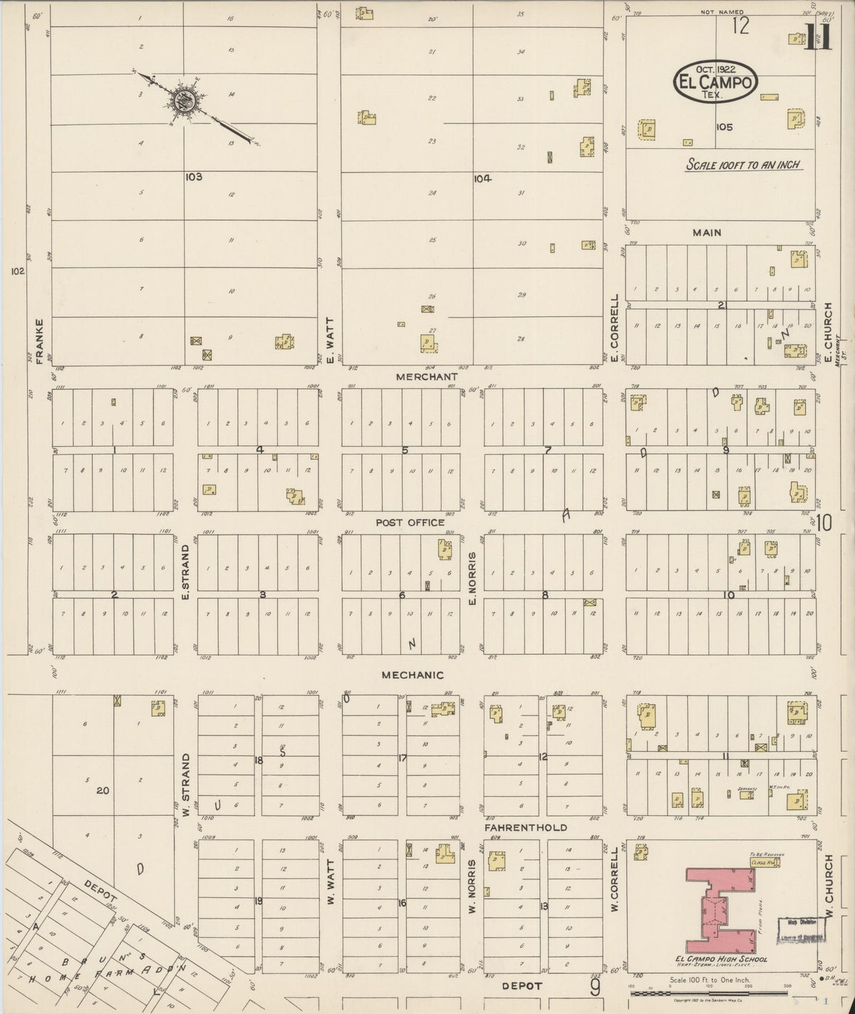 Sanborn Fire Insurance Map from El Campo, Wharton County, Texas (1922), Sheet #0011 - Complete Map Set gallery image, historic Sanborn map, vintage wall art, Texas Texas