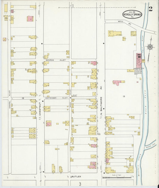 Sanborn Fire Insurance Map from Mount Holly Springs, Cumberland County, Pennsylvania (1916), Sheet #0002 - Historic Sanborn Fire Insurance Map Print, vintage old map wall art, antique decor, genealogy gift, Pennsylvania Pennsylvania map
