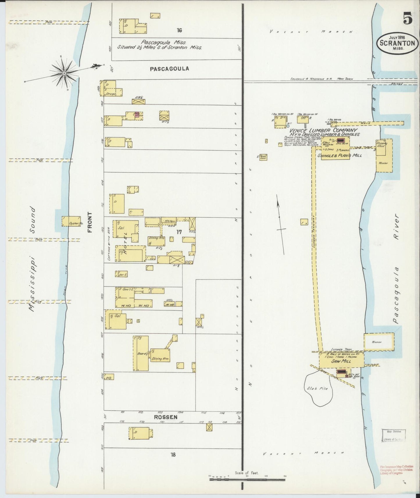 Sanborn Fire Insurance Map from Scranton, Jackson County, Mississippi (1898), Sheet #0005 - Complete Map Set gallery image, historic Sanborn map, vintage wall art, Mississippi Mississippi