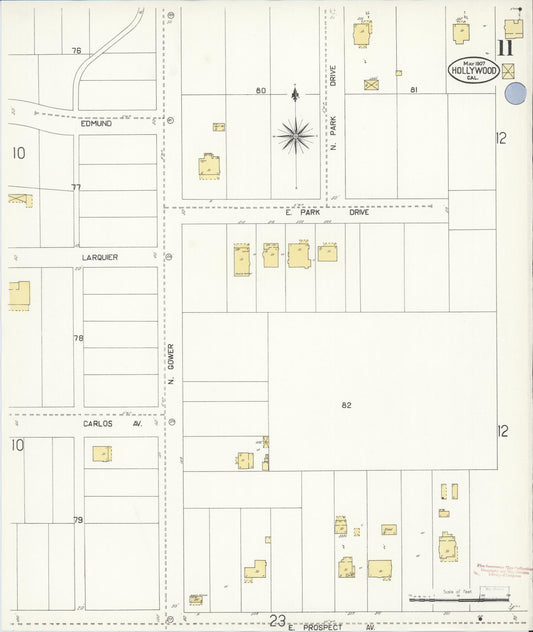 Sanborn Fire Insurance Map from Hollywood, Los Angeles County, California (1907), Sheet #0011 - Historic Sanborn Fire Insurance Map Print, vintage old map wall art, antique decor, genealogy gift, California California map