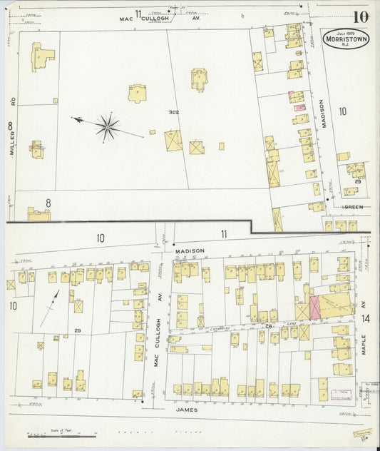 Sanborn Fire Insurance Map from Morristown, Morris County, New Jersey (1909), Sheet #0010 - Historic Sanborn Fire Insurance Map Print, vintage old map wall art, antique decor, genealogy gift, New Jersey New Jersey map