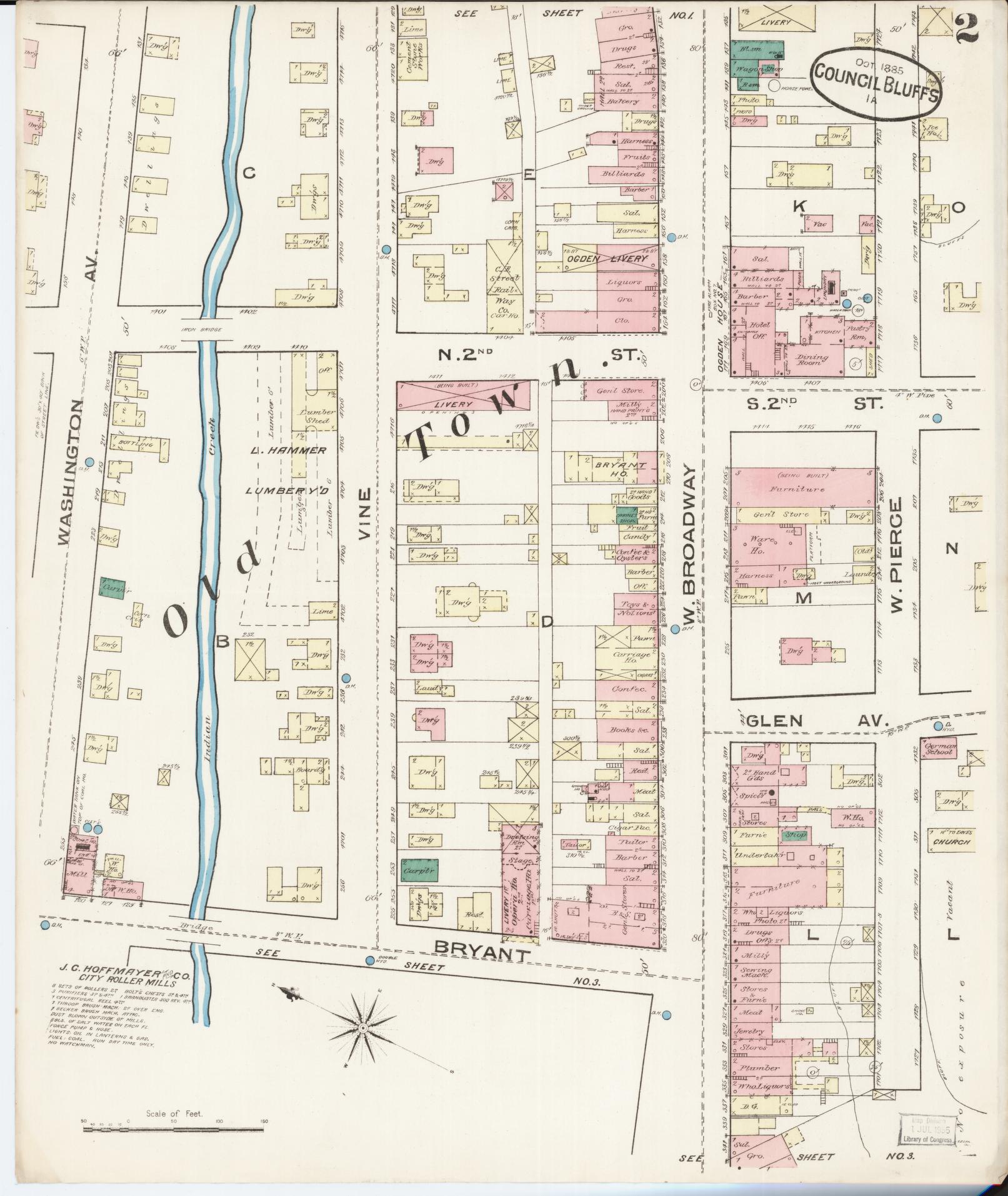 Sanborn Fire Insurance Map from Council Bluffs, Pottawattamie County, Iowa (1885), Sheet #0002 - Historic Sanborn Fire Insurance Map Print, vintage old map wall art
