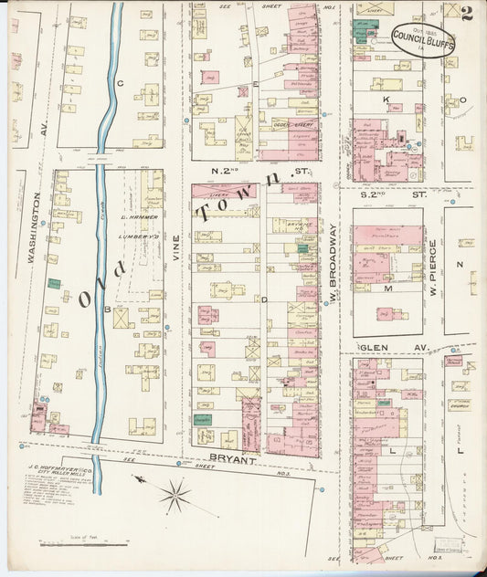 Sanborn Fire Insurance Map from Council Bluffs, Pottawattamie County, Iowa (1885), Sheet #0002 - Historic Sanborn Fire Insurance Map Print, vintage old map wall art