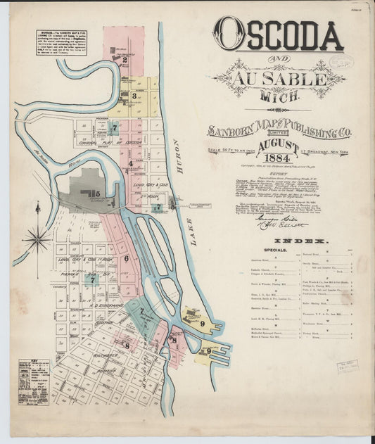 Sanborn Fire Insurance Map from Oscoda, Iosco County, Michigan (1884), Sheet #0001 - Historic Sanborn Fire Insurance Map Print, vintage old map wall art, antique decor, genealogy gift, Michigan Michigan map